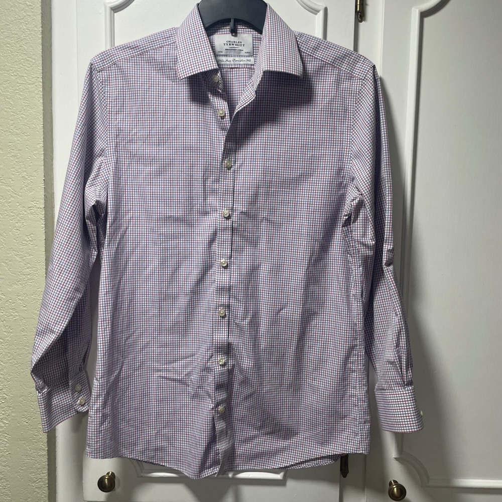 Charles‎ Tyrwhitt Non-Iron Extra Slim Dress Shirt 16/33 Red Blue Check